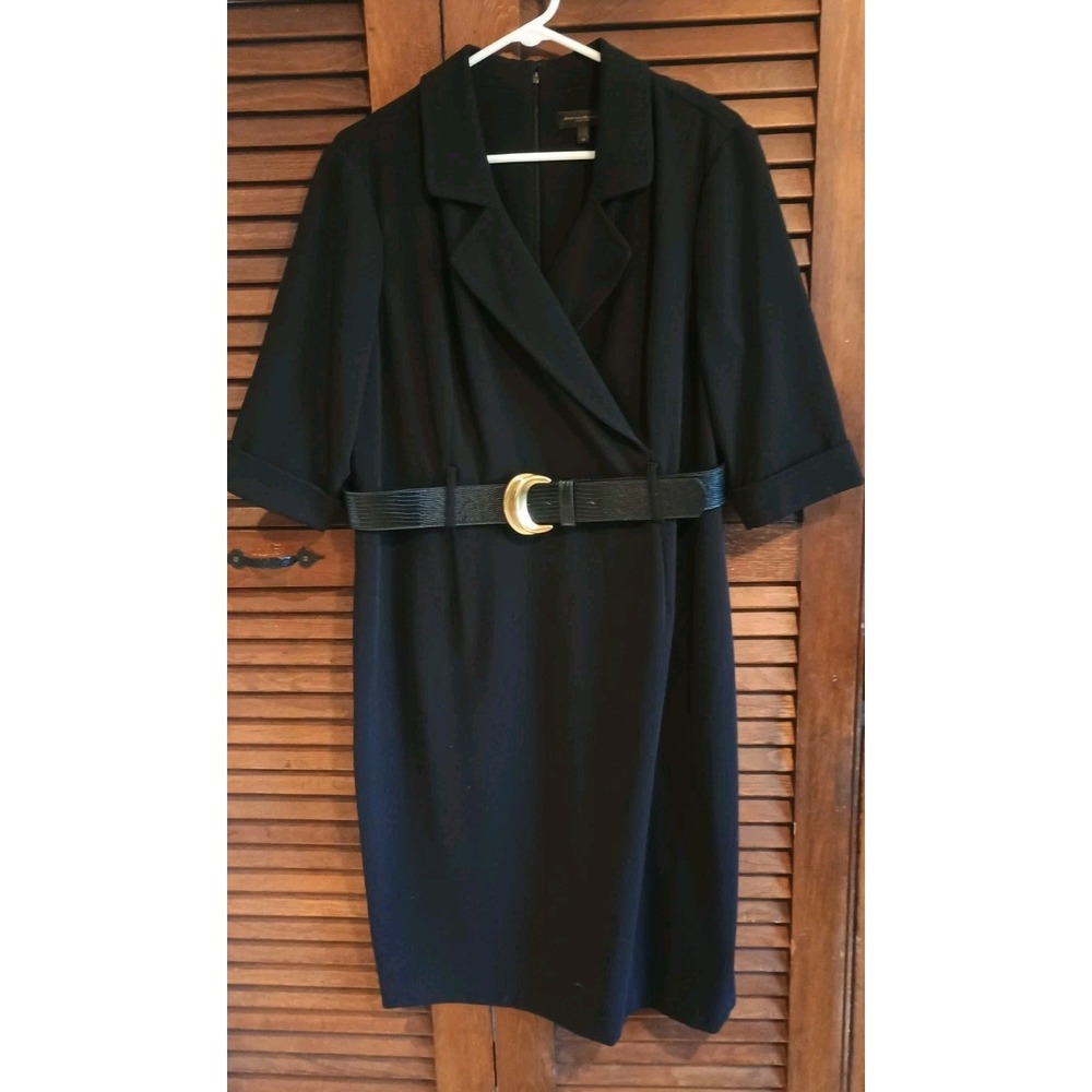 Donna Karan Women's Black Belted Dress With Spread Collar Size 16 Office Classic
